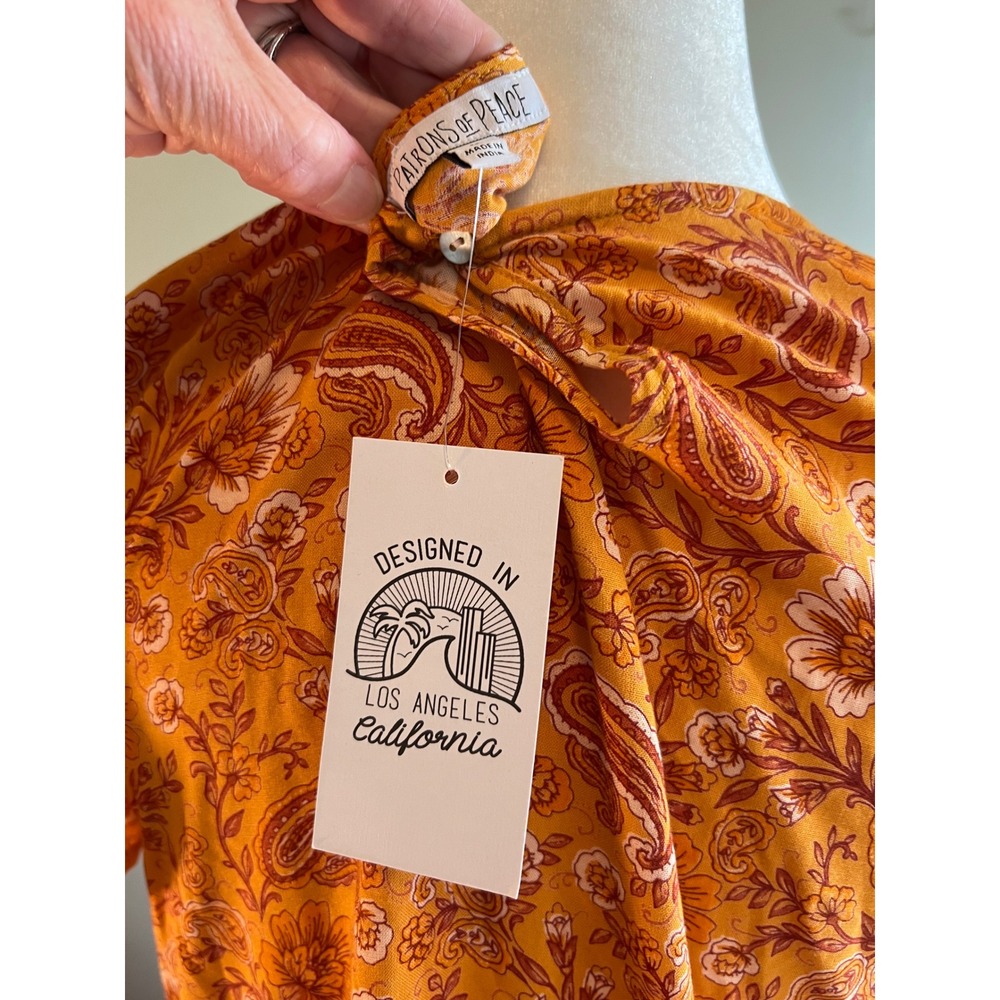 Patrons of Peace Marigold Paisley Floral Tiered Mini Dress Orange Boho Medium - Picture 4 of 5